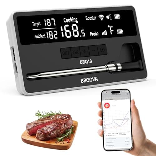 Btclink WiFi Sub-1G Smart Meat Thermometer Unlimited Range, 7 NIST-Cert.Sensors Magnetic Large-Display Smart Base, IP68 Wireless BBQ Grill &Smoker Thermometer, App&Standalone Monitoring(1,Black,Small)