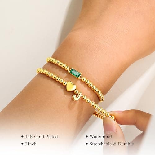 Turandoss Heart Initial Bracelets for Women - 14K Gold Plated Waterproof Birthstone Beaded Bracelets with Initial P Stackable, Dainty Created Blue Aquamarine Charm Jewelry Gifts - Thumbnail 5