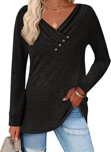 ALPSWARE Tunic Shirt Long Sleeve Basic Top V Neck Tunics Tshirt for Women 2025 Fall Black S - Image 1