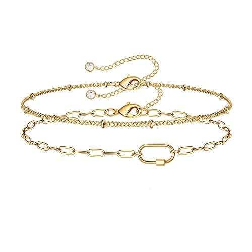 Dainty Gold Layered Bracelets for Women, 14K Gold Plated Layering Paperclip Link Chain Bracelets Personalized Oval Screw Clasp Charm Bracelets Layered Gold Bracelets for Women Jewelry（Bead Chain&Oval） - Image 1
