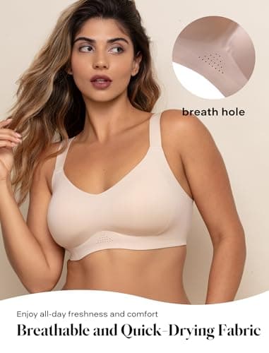 COMFELIE Seamless Wire-Free Minimizer Bra, Full Coverage V-Neck Breathable Bra with Adjustable Straps for Full-Figured Women Nude - Thumbnail 5