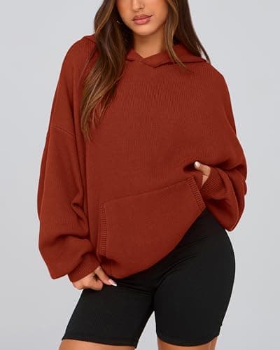 dowerme Women Oversized Sweaters 2026 Lantern Long Sleeve Drop Shoulder Chunky Knit Hooded Pullover Sweater with Pocket(Caramel,Medium) - Thumbnail 3