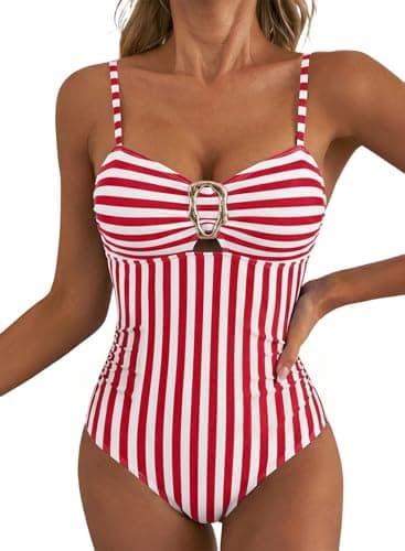 Aleumdr Women's Retro Striped Swimsuits Gathering V-Neck Tummy Control One Piece Swimwear Modest Bathing Suits with Cutout Red Stripe Large - Image 1
