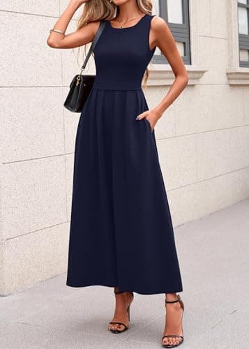 Lazysmile Summer Sleeveless Maxi Dresses for Women Mock Neck Pleated A Line Formal Cocktail Wedding Guest Dress Navy - Thumbnail 4