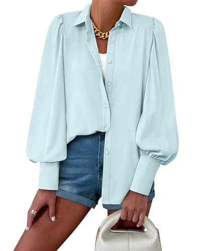 BTFBM Women Fashion Button Down Shirts 2026 V Neck Boho Printed Long Sleeve Blouses Dressy Casual Spring Fall Tops(Solid Light Blue, Large) - Thumbnail 2