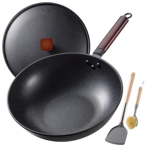 Teewe Carbon Steel Wok -13 Inch Woks & Stir-fry Pans Nonstick, Wok Pan with Lid Spatula and Dish Brush: Pre-Seasoned Flat Bottom Chinese Woks for Induction, Electric, Gas, All Stoves - Image 1