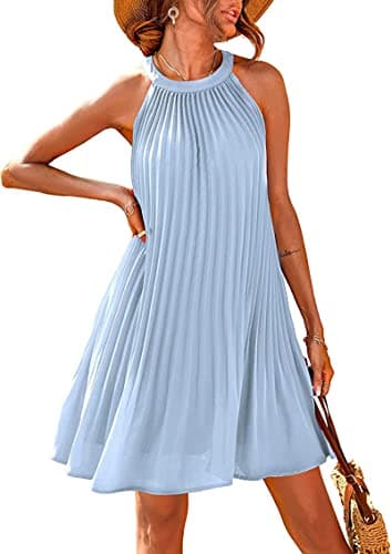 PRETTYGARDEN Womens Summer Dresses 2025 Cute Halter Neck Sleeveless Mini Dress Solid Color Flowy Pleated Beach Dress Sundress(Large, Light Blue) - Image 1