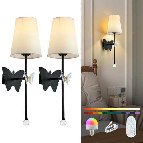 MHSNL Black Wall Lights Battery Operated Set of 2, Rechargeable Wall Lights with Butterfly, Battery Powered Sconces Indoor Wall Lamps for Bedroom Living Room Hallway Stairs Bathroom - Image 1