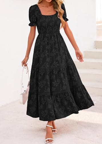Lazysmile Women's Summer Boho Floral Maxi Dress Short Sleeve Square Neck Smocked Ruffle Elegant Wedding Guest Dress Black - Thumbnail 4