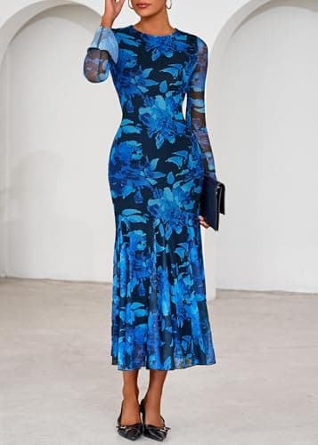 Lazysmile Women's Long Sleeve Floral Maxi Dresses Fall Formal Crewneck Bodycon Mesh Ruffle Wedding Guest Cocktail Party Dress Blue - Thumbnail 5