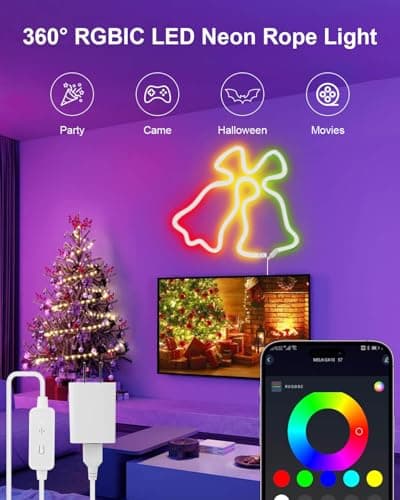 Lustrinex LED Neon Rope Lights, 10ft RGBIC 360° Luminous 5v USB Bluetooth APP Control Music Sync IR Remote Color Changing Smart LED Strip Lights for Bedroom Gaming Party Decor - Thumbnail 2