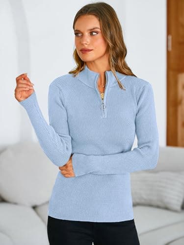 PRETTYGARDEN Spring Quarter Zip Pullover Sweaters for Women 2026 Long Sleeve Collared Fitted Ribbed Knit Tops(Sky Blue,Large) - Thumbnail 5