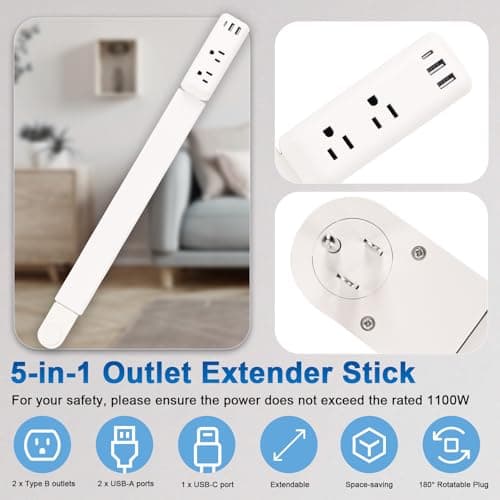 Gbchais Outlet Extender Stick with USB-A & USB-C, 2 AC Outlets, Adjustable 22"-34" Plug Extender, 180° Rotating Wall Outlet Extender for Hard-to-Reach Outlets Behind Sofa, Bed, Desk, Nightstand - Thumbnail 3