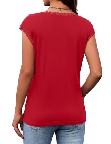 JUSTFASHIONNOW Lace Blouse Soft Cap Sleeve Tops for Women Summer V Neck Tank Tops Dressy Casual Shirts Trendy 2026 Clothes(Red,XX-Large) - Thumbnail 6
