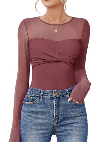 Avidlove Leotards for Women Sexy Mesh Long Sleeve Bodysuit Stretchy Round Neck Slimming Basic Top Ruched Outfits Pale Violet Red L - Image 1