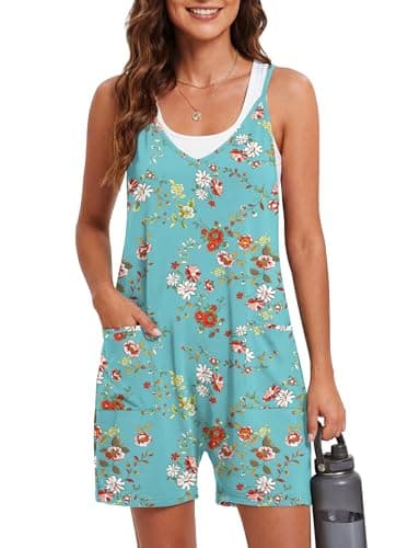 LILBETTER Women's Summer Rompers Casual Sleeveless Spaghetti Strap Shorts Jumpsuit Overalls Outfits with Pockets(Xiao Red Flower Green XX-Large)