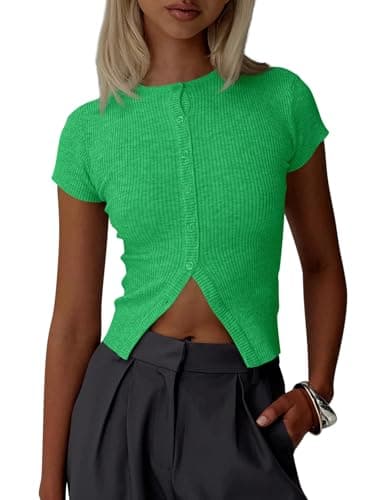 Imily Bela Womens Short Sleeve Sweater Tops Summer Button Down Casual Ribbed Knit Slim Fit Cropped Cardigan Shirts Green - Image 1