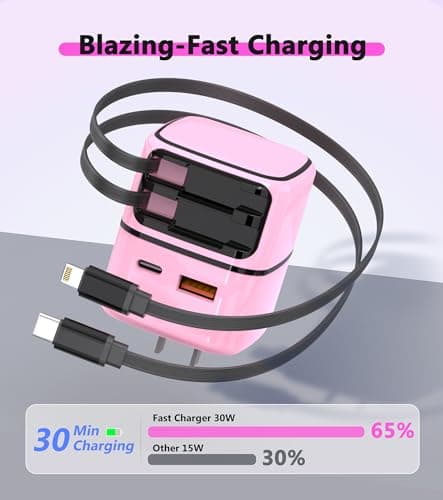 4-in-1 Retractable Gan Wall Charger Plug: 35W Fast Charging, Built-in USB C/Apple Cable, Dual USB-A/USB-C Ports, Charger Block for iPhone 17/16/15/14/13, iPad, Galaxy, Pixel, Travel Essentials, Pink - Thumbnail 3