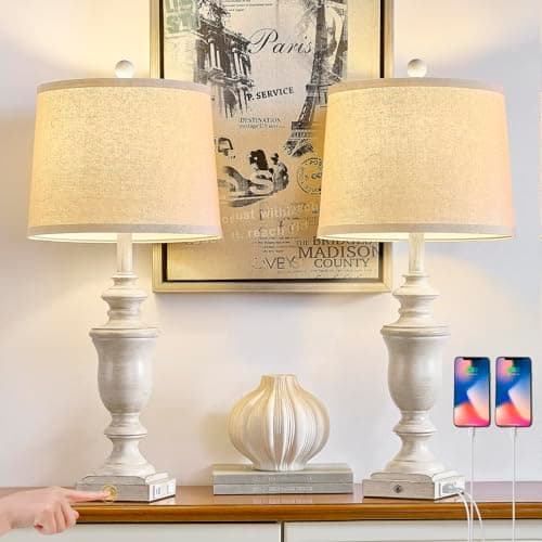 SAIWEYA 27.5" Set of 2 Farmhouse Table Lamps for Bedroom, 3 Way Dimmable Bedside Lamp with 2 USB +AC Outlet Nightstand Lamps for Living Room Resin Rustic Touch Lamps - Image 1