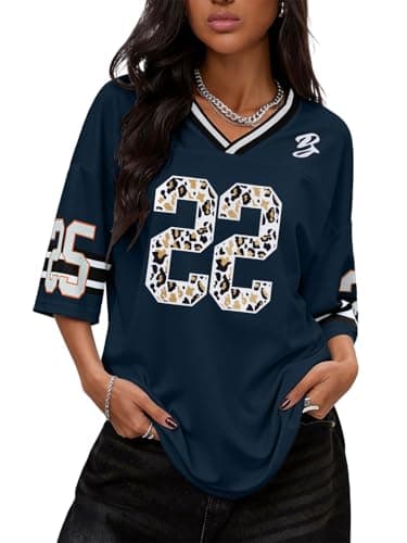 TAKEYAL Oversized Graphic Tees for Women Soccer Jersey V Neck Tshirts Womens Tops Trendy Y2K Outfits Medium Blue - Image 1