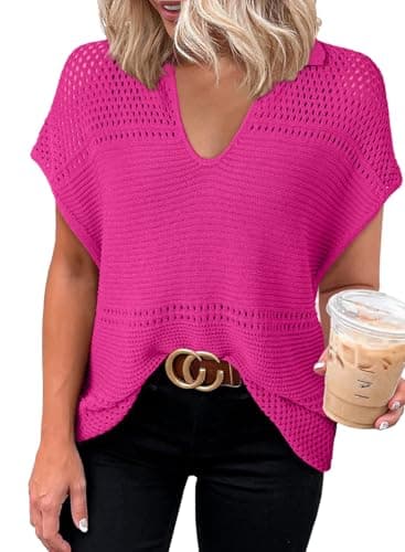 Dokotoo Womens Spring Summer Tops 2026 Dressy Casual Blouses V Neck Knit Tops Short Sleeve Sweater for Women Loose Fit Tunic Tops Polo Shirts for Women Hot Pink Tops Business Casual Clothing S - Image 1