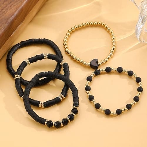 Alegend Bracelet Sets 14K Gold Plated Men and Women Handmade Black Beaded Gifts Birthday - Thumbnail 6