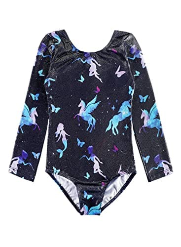 Long Sleeves Leotards for Girls Gymnastics Size 6/7 6-7 7-8 Year Old Mermaid Fairy Unicorn Butterfly Stars Starry Black Sparkle Tumbling Outfit Bodysuits Kids Horse Clothing - Image 1