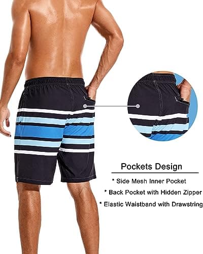 SILKWORLD Mens Swim Trunks with Compression Liner 9 Inch Quick Dry Beach Board Shorts with Zipper Pockets, Black Blue, Small - Thumbnail 3