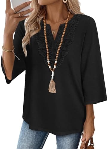 Blouses for Women Dressy Casual Womens Summer Tops for Women Trendy Plus Size Fashion Business Casual Outfits Spring Boho Tops Women's Clothing Beach Vacation Clothes 3/4 Sleeve T Shirts Black Top XL - Image 1