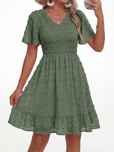 BTFBM Womens Beach Vacation Dress Summer 2026 V Neck Short Sleeve Smocked Swiss Dot Ruffle Casual Spring Mini Dresses(Army Green, X-Large) - Thumbnail 2