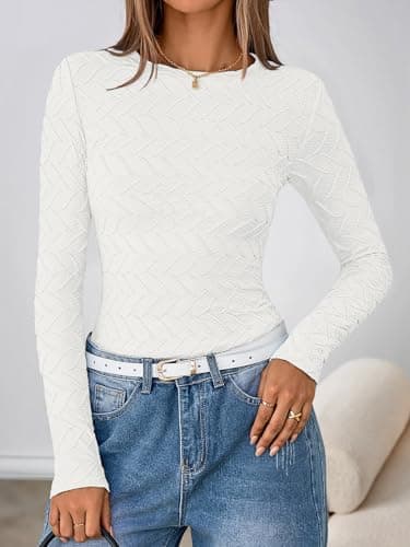 MEROKEETY Women's Fall Long Sleeve Shirts Blouses 2025 Casual Crewneck Textured Fitted Trendy Tops, White, X-Large - Thumbnail 2