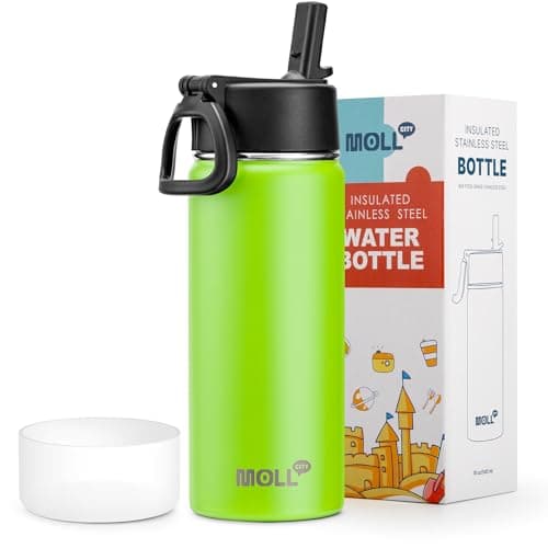 Mollcity Kids Insulated Water Bottle with Straw-18 oz Stainless Steel Double Wall Vacuum Wide Mouth Water Bottle for School-Metal Travel Water Flask with Silicone Boot (Apple Green) - Image 1