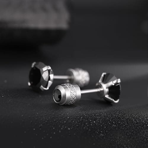 VOLUKA Titanium Screw Back Earrings for Sensitive Ears, Surgical Stainless Steel Hypoallergenic Cubic Zirconia Stud Earrings for Women Men （Black-White） - Thumbnail 3