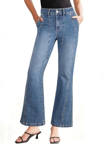 Astylish Womens 2026 High Waisted Fitted Wide Leg Jeans Trendy Casual Slanted Pocket Retro Seam Flare Jeans Sky Blue 12 - Thumbnail 5