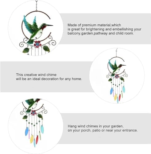 Wind Chimes Hummingbird, Garden Glass Colorful Wind Chimes for Home, Party, Festival Decor, Garden Decoration Indoor/Outdoor, Lifelike Hummingbird Bell Deep Tone Style - Thumbnail 2