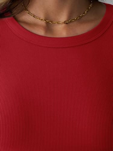 GKBK Womens 3/4 Sleeve Tops Ribbed Slim Fitted Tight Basic T-Shirts Crewneck Cute Layering Lightweight Fall Sweaters 2025 Fashion Outfits Red - Thumbnail 5
