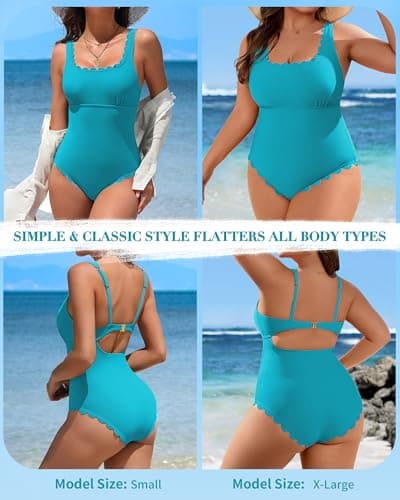 Charmo Square Neck Scalloped One Piece Swimsuit Women Modest Retro Ribbed 1 Piece Bathing Suits Aqua L - Thumbnail 5