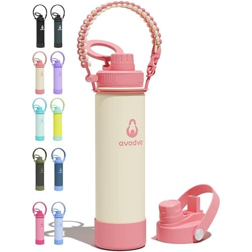 avodvo 20 oz Insulated Water Bottle with 2 Lids (2-in-1 Straw & Spout Lid, Magnetic Lid), Slim Water Bottle with Strap, Stainless Steel Water Bottle for School, PA-Free, Light Pink - Image 1
