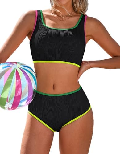 Charmo Women's High Waisted Bikini Sets Black Two Piece Swimsuits Sporty Color Block Bathing Suit Neon Swimwear - Image 1