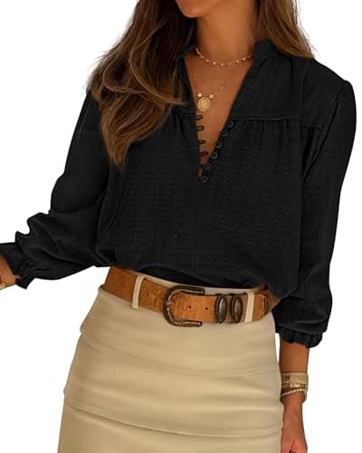 BTFBM Women Spring Tops 2026 Boho Solid V Neck Fashion Casual Long Sleeve Button Down Blouses Dressy Shirts(Black,Large) - Image 1