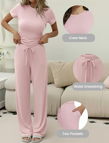 Flevita Womens 2 Pcs Sets Summer Travel Outfits T-shirts and 31" Wide Leg Pants Comfortable Airport Lounge Wear Set with Pockets Pink S - Thumbnail 6