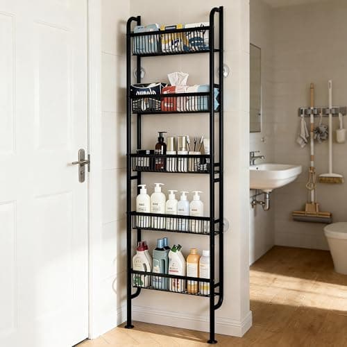Ormeo Home Behind The Door Narrow Bookshelves Pantry Spice Rack 5-Tier Slim Metal Space-Saving Organizer for Bathroom Closet Kitchen Living Room Sturdy Room Laundry Room, Black - Image 1
