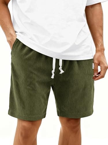HOTake Mens Corduroy Shorts Casual 7 Inch Elastic Waist Drawstring Summer Beach Loose Fit Shorts Army Green - Thumbnail 3