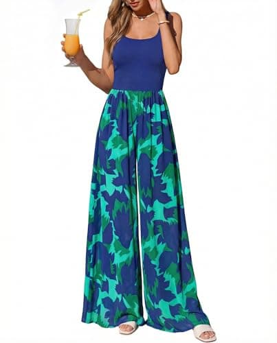 KIRUNDO Jumpsuits for Women Dressy 2026 Summer One Piece Sleeveless Boho Floral Wide Leg Romper Beach Vacation Cruise Outfits(Blue Green, Large) - Image 1