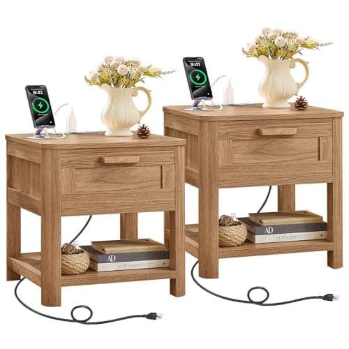 Joaxswe Farmhouse Night Stand Set of 2 with Charging Station, Brown