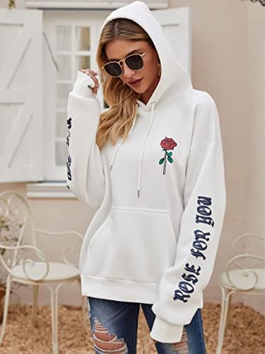 ZAFUL Mens Graphic Hoodies Essentials Hoodie Fleece Rose Letter Print Casual Drawstring Unisex Hooded Pullover Sweatshirt - Thumbnail 3