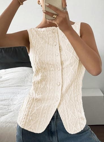 BLENCOT Women's Vest Top Sleeveless Slim Fitted Button Down Knit Vests Stretchy Textured Jacquard Tops for Going Out Fashion 2026 Beige 2X-Large - Thumbnail 2