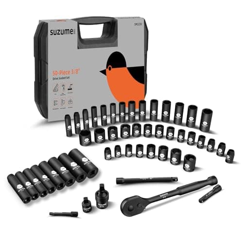 SUZUME 3/8 Impact Socket Set, Cr-V Steel, 6 Point, 3/8" Drive, 50-Piece Standard Metric (8-22mm) and SAE (5/16-Inch to 3/4-Inch) Sockets with Adapters & Ratchet Handle, Extension Bars, Universal Joint - Image 1