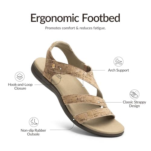 Rihero Women's Orthopedic Flat Sandals with Arch Support Cork Footbed Comfortable Casual Walking Orthotic Flat Sandals Gold Gold Cork Size 5.5 - Thumbnail 5