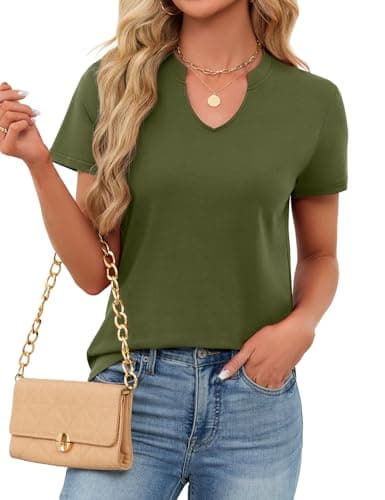Women's V Neck Cotton T-Shirts Breathable Short Sleeve Tops Lightweight Stretch Summer Tees (Army Green,Large) - Thumbnail 3